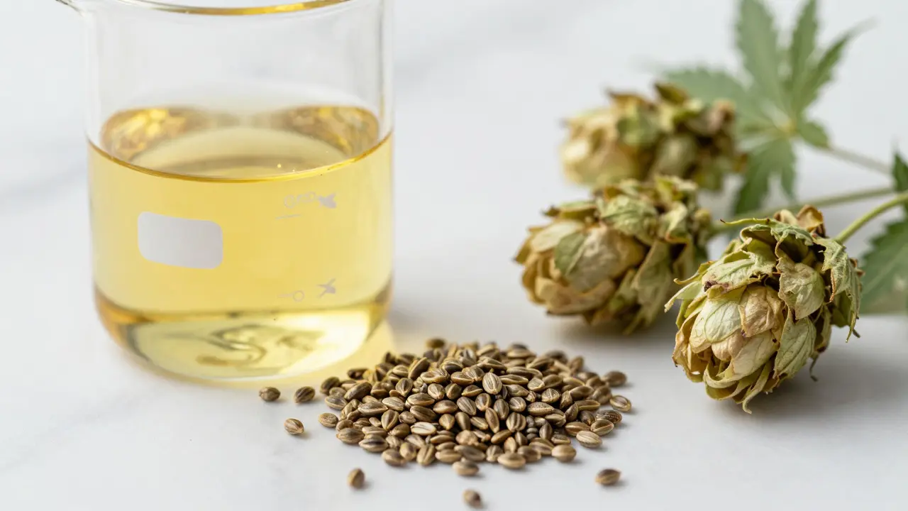 Nahaufnahme von CBD-Extrakt im Reagenzglas neben Hanfsamen und Hopfen auf Marmor