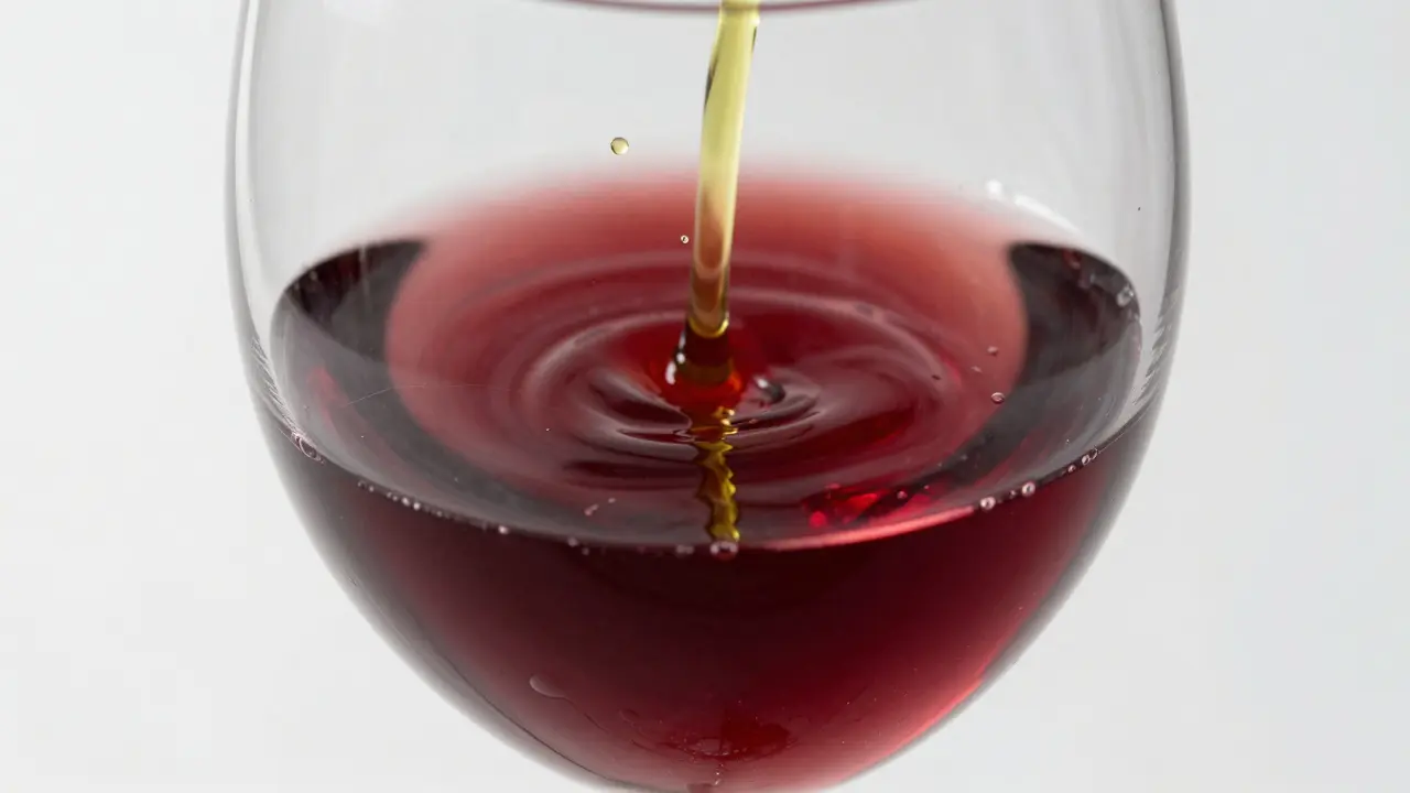 Nahaufnahme von Wein im Glas, in den Tropfen CBD-Hanföl gerührt werden, um die Mischung zu zeigen.
