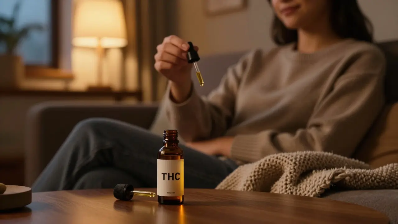 Ruhige Person mit Cannabinoid-Öl im Wohnzimmer