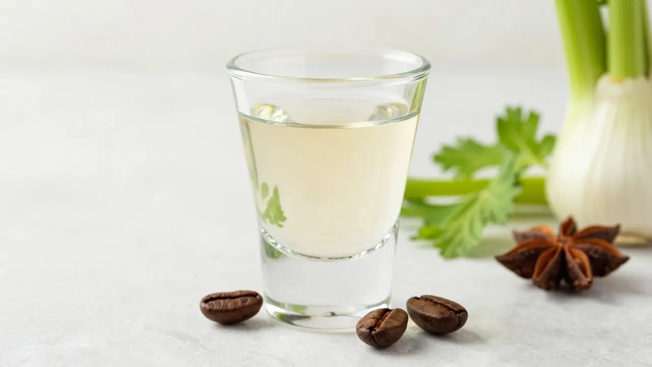 Sambuca-Likör im Glas mit drei Kaffeebohnen und Anis