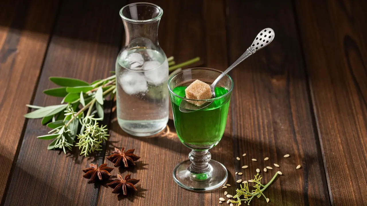 Traditionelle Absinth-Zubereitung mit Zucker und Kräutern