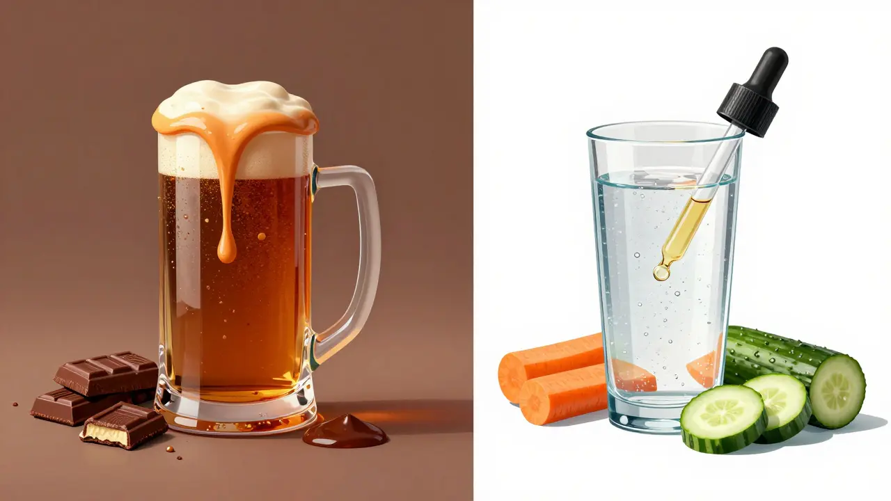 Vergleich: Schweres Bier mit Öl vs. leichtes Getränk mit Tinktur