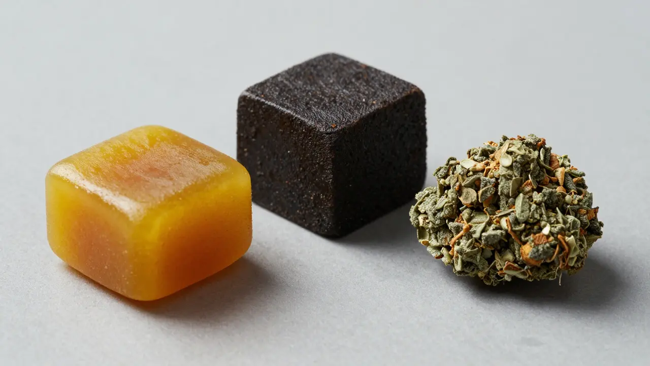 Vergleich von afghanischem, marokkanischem und himalayischem Hashis auf grauem Grund