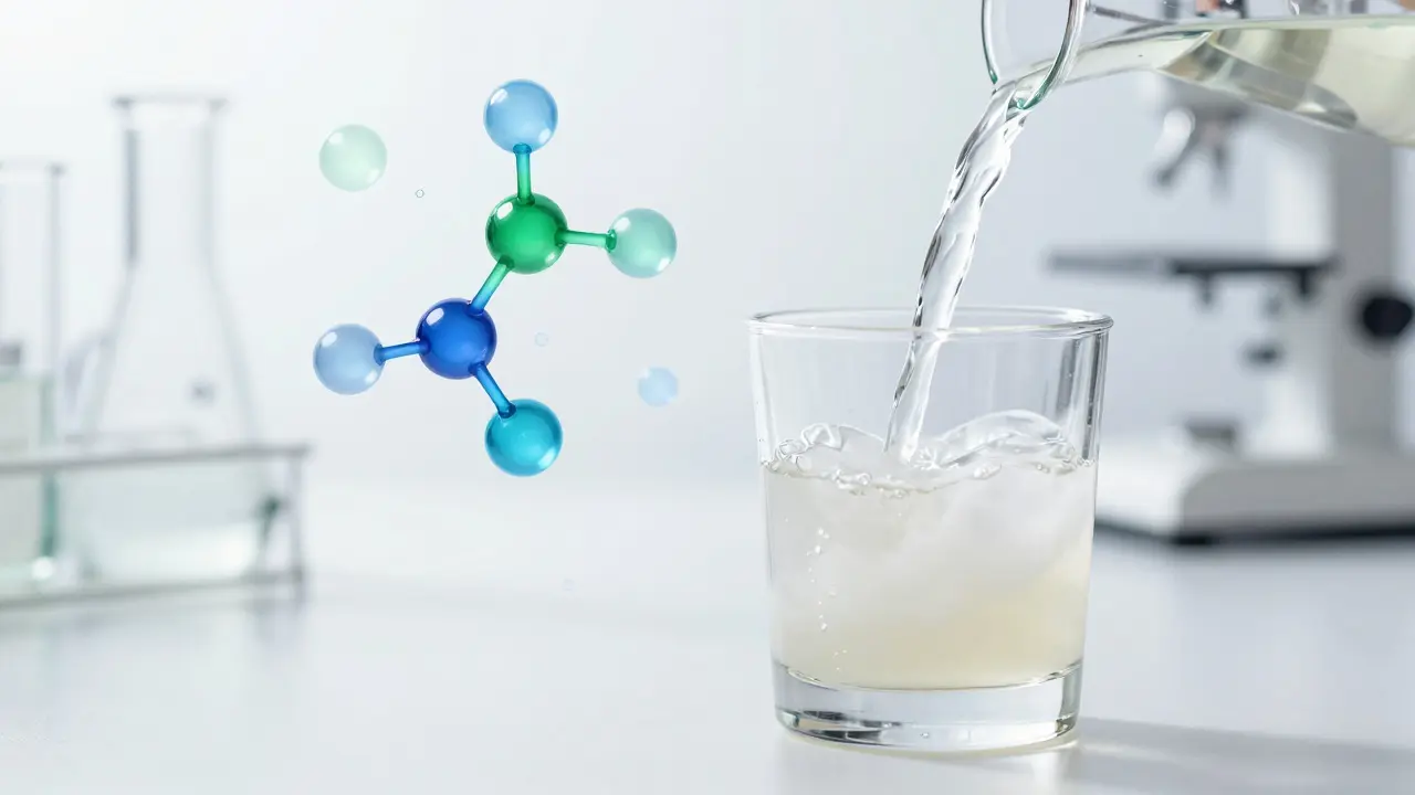 Absinthe-Glas mit Louche-Effekt und molekularen Strukturen im Laborstil