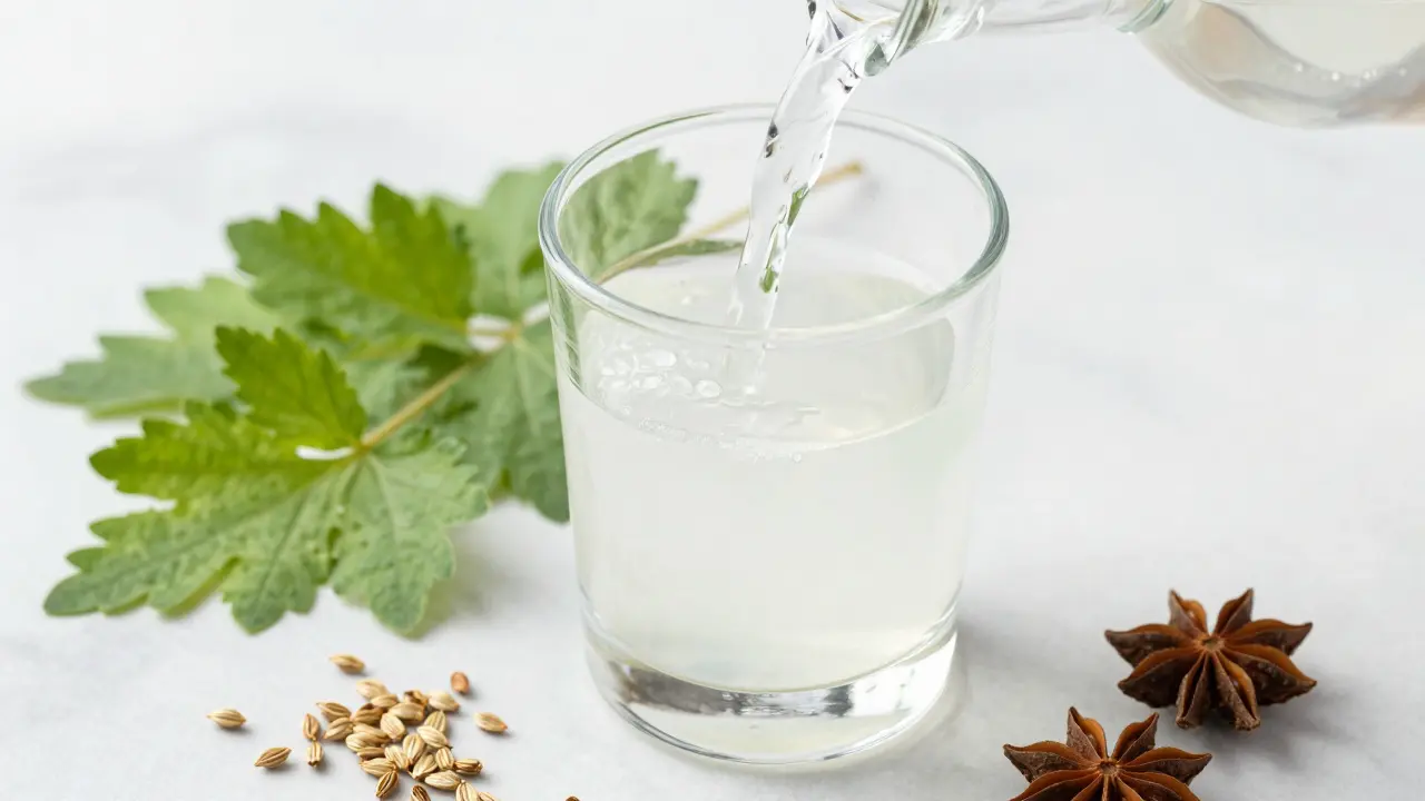 Absinthglas mit Louche-Effekt und frischen Kräutern