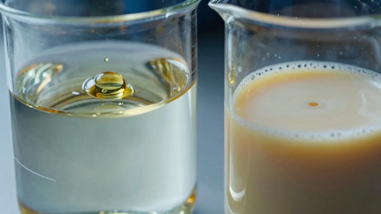 Abstrakte Darstellung von Öltropfen in Wasser versus Emulsion für Cannabinoid-Aufnahme