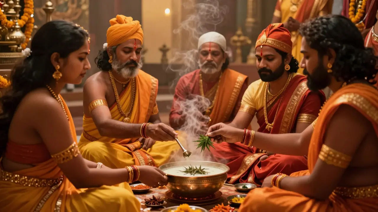 Antike indische Zeremonie mit Bhang-Getränk und Priestern