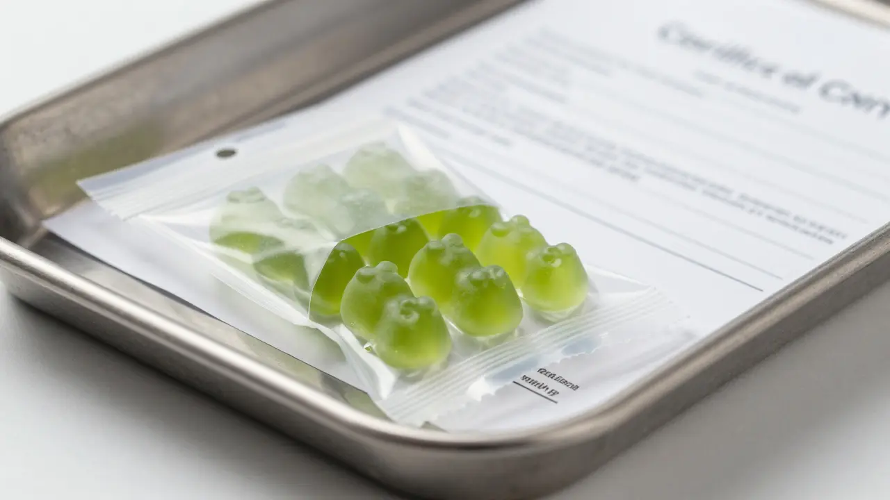 CBD-Gummis und Laborbericht auf dem Sicherheitstray