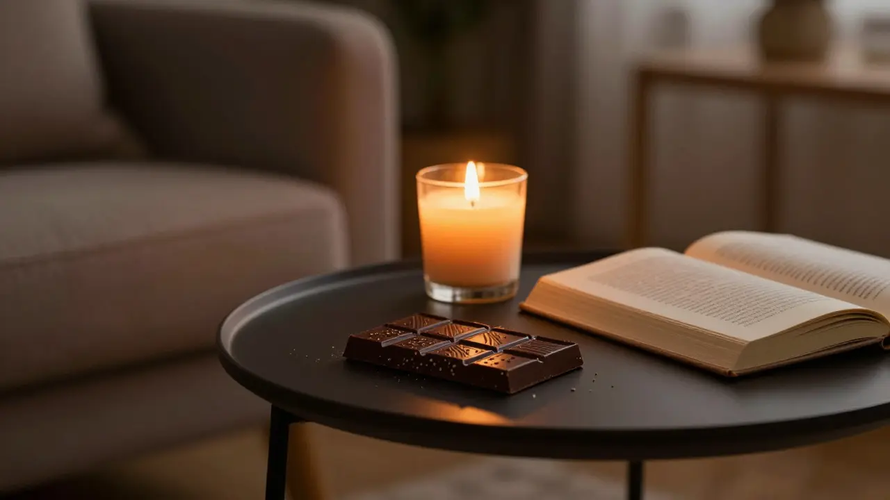 CBD-Schokolade und Kerze für Entspannung am Abend