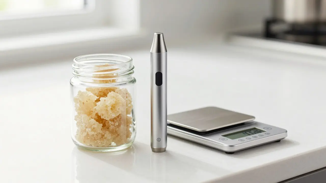 Crumble in einem Glas neben einem Vaporizer für präzise Dosierung