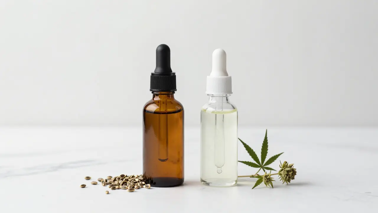 Dunkle und klare Flaschen mit Hanföl und CBD-Öl auf Marmor