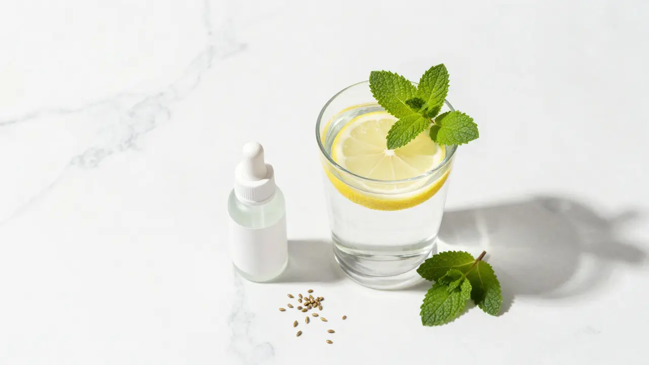 Flachlage mit Glas Wasser, Minze und CBD-Tropfflasche für Dosierung