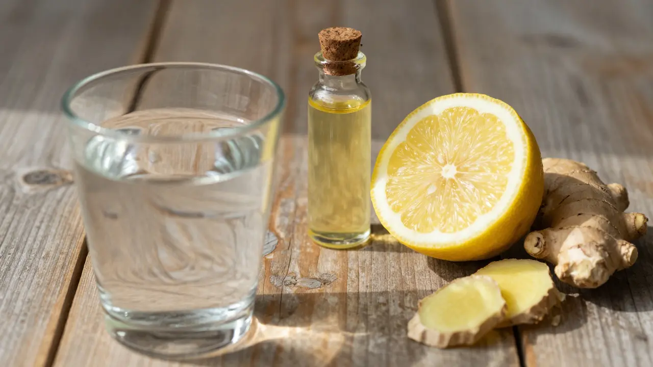 Glas Wasser, Zitrone und Ingwer neben Hanföl auf Holztisch