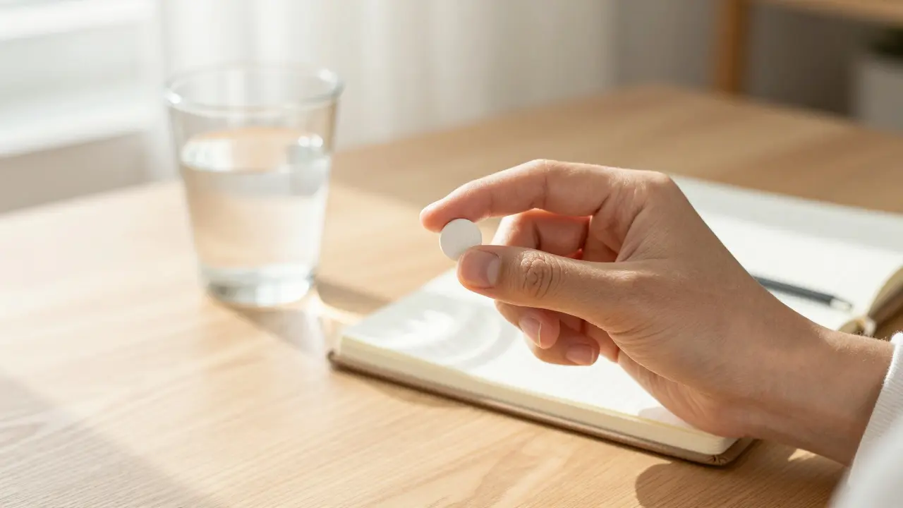 Hand hält eine CBD-Tablette bei morgendlichem Sonnenlicht auf einem Tisch