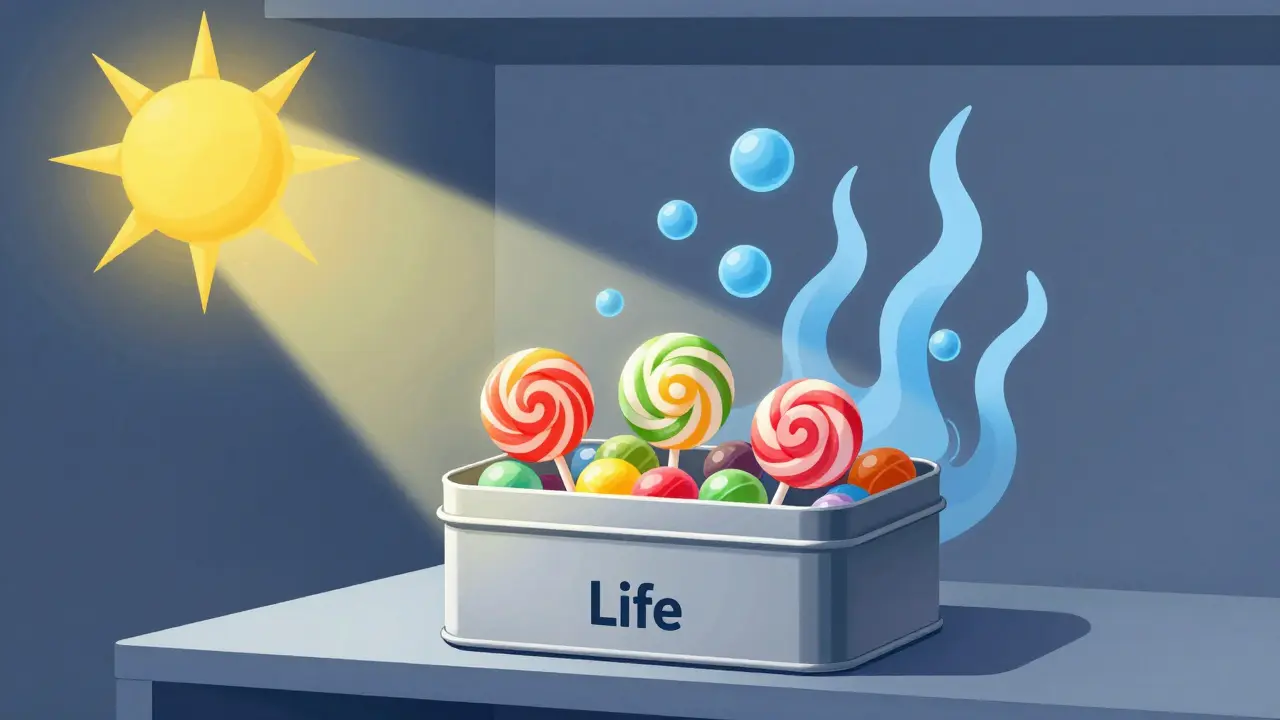 Illustration: Metallbüchse schützt Lutscher vor Licht, Luft und Hitze