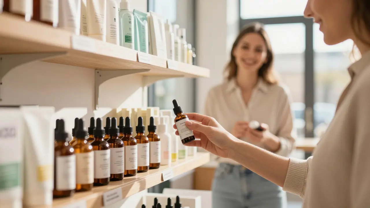 Kunde kauft legales CBG-Serum im Fachgeschäft