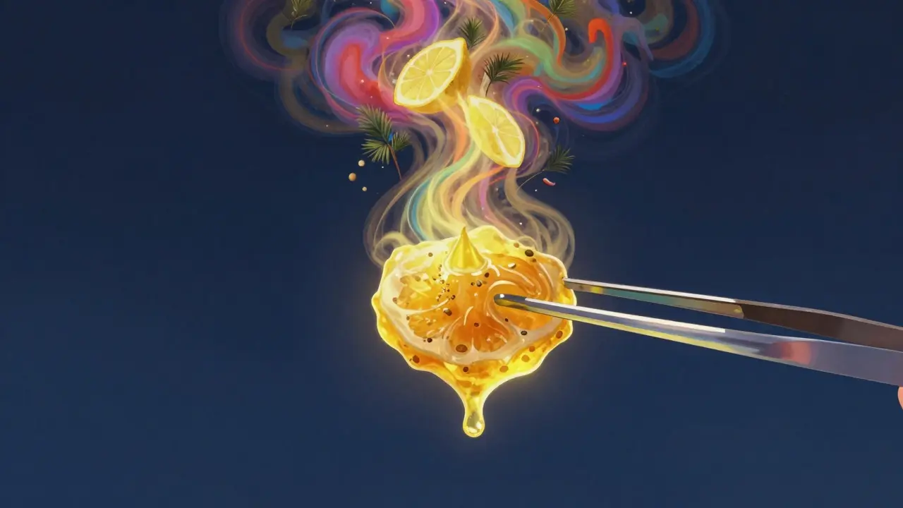 Künstlerische Darstellung von Terpenen und dem Entourage-Effekt bei Cannabis-Extrakten