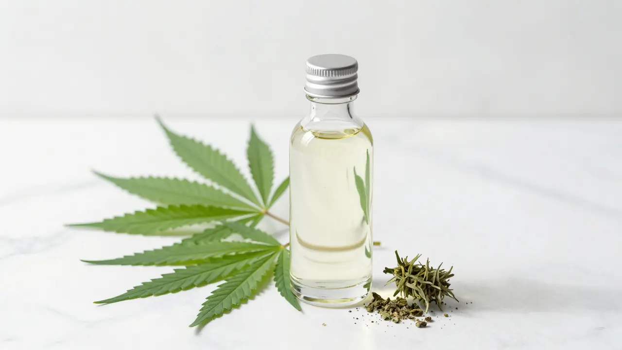 Moderne Cannabis-Getränkeflasche neben frischen Blättern auf Marmor