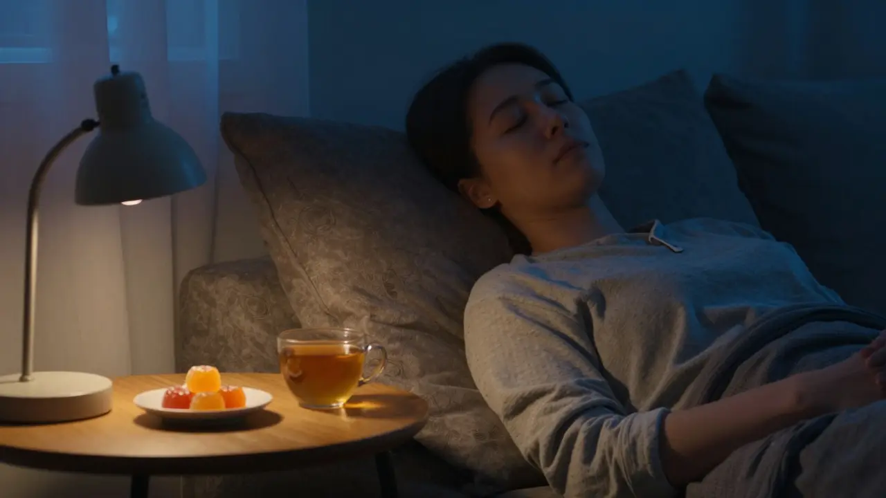 Person entspannt am Abend mit Tee und CBD-Produkt für besseren Schlaf
