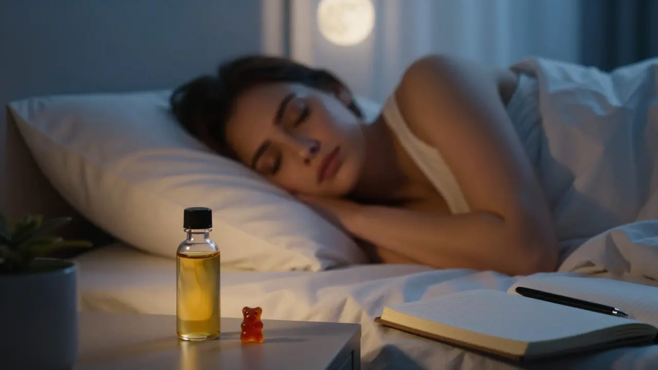 Person schläft ruhig im Bett neben CBD-Flasche und Gummibärchen