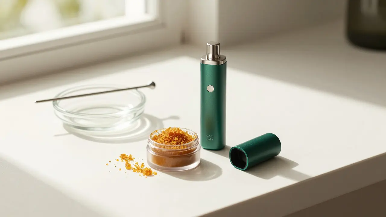 Tragbarer Vaporizer neben einer Dose mit trockenem Crumble-Konzentrat