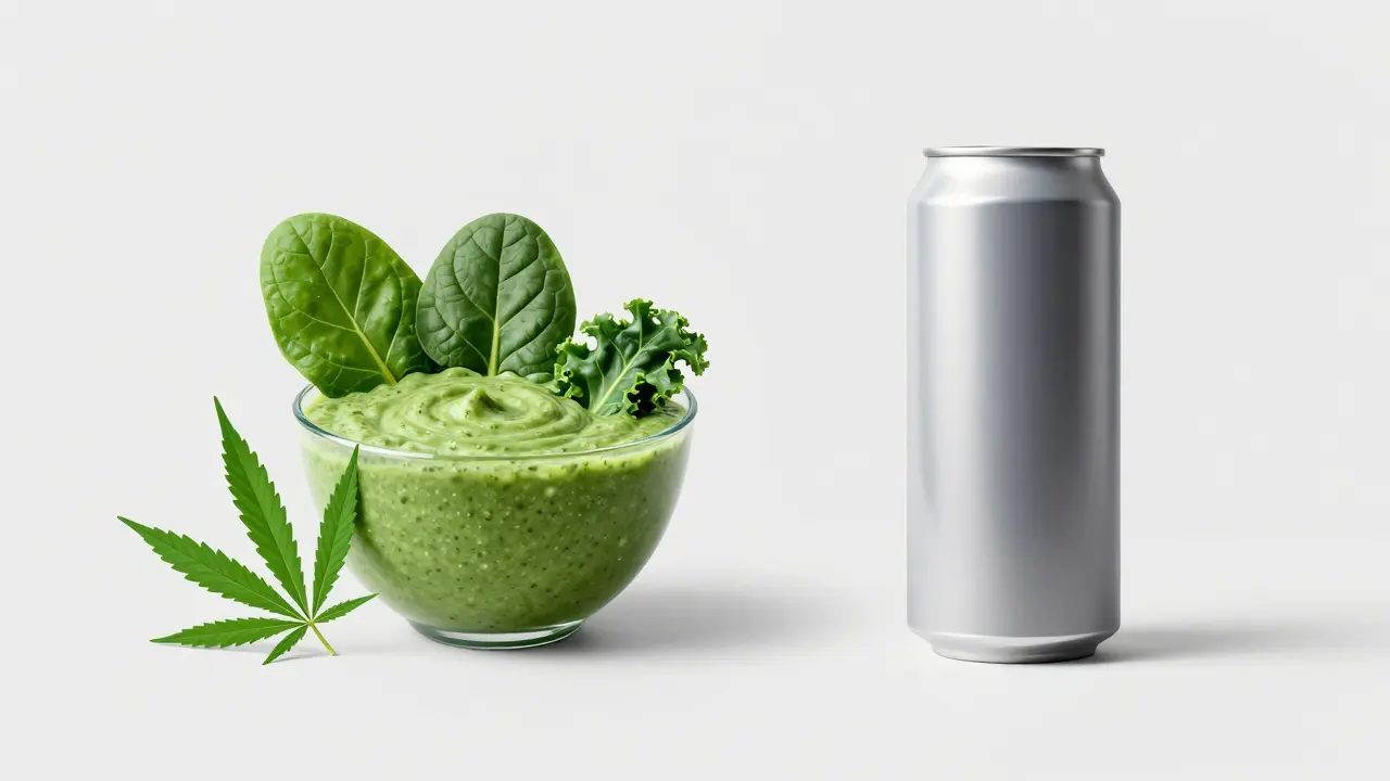 Vergleich zwischen rohem Cannabisblatt mit Smoothie und einer Dose Cannabis-Bier
