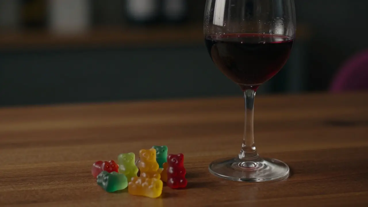 Weinglas und Cannabis-Gummibärchen auf einem Tisch bei gedimmtem Licht