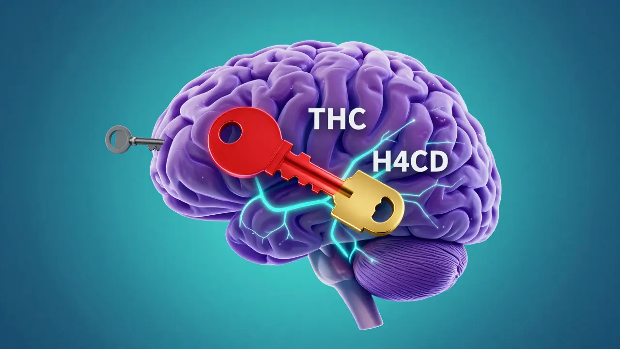 Abstrakte Darstellung der Rezeptorbindung von CBD, THC und H4CBD im Gehirn