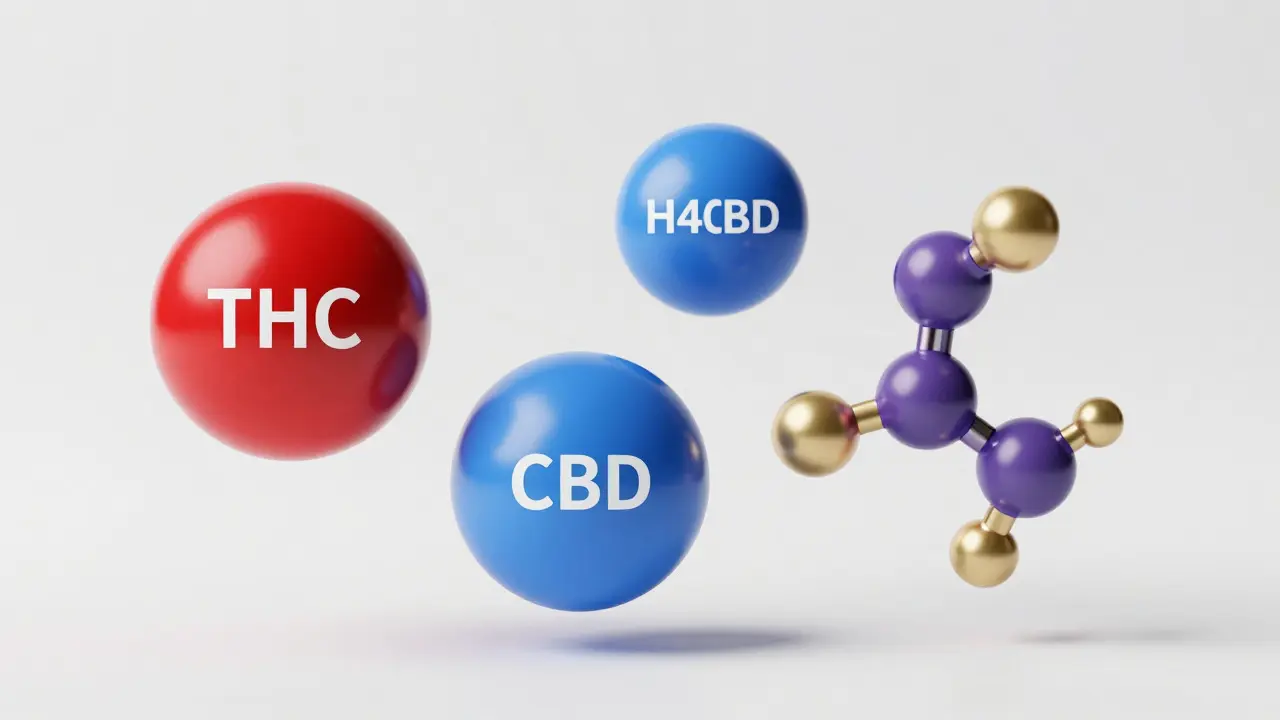 Abstrakte Darstellung der Unterschiede zwischen THC, CBD und H4CBD-Molekülen