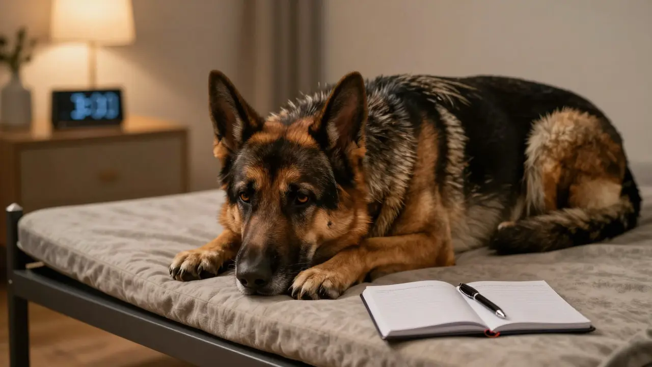 Alter Schäferhund ruht entspannt im Bett, Notizbuch daneben