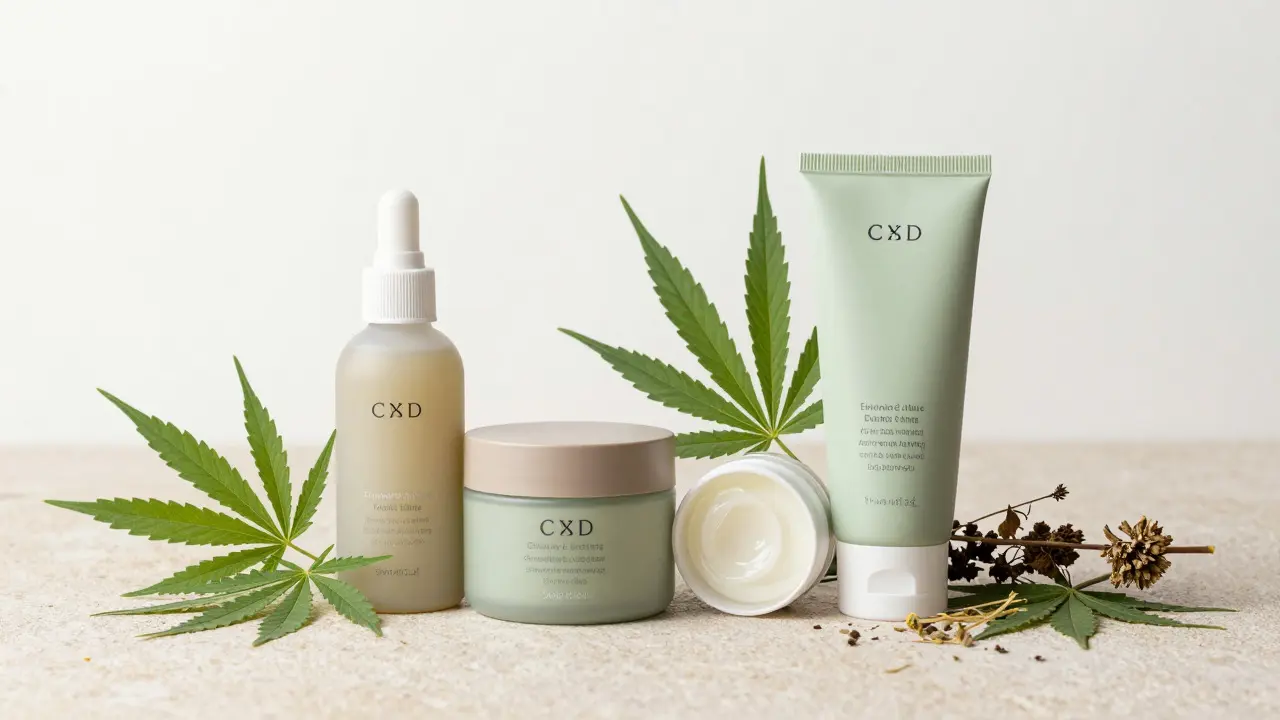 CBD-Hautpflegeprodukte und Hanfpflanzen auf Steinoberfläche