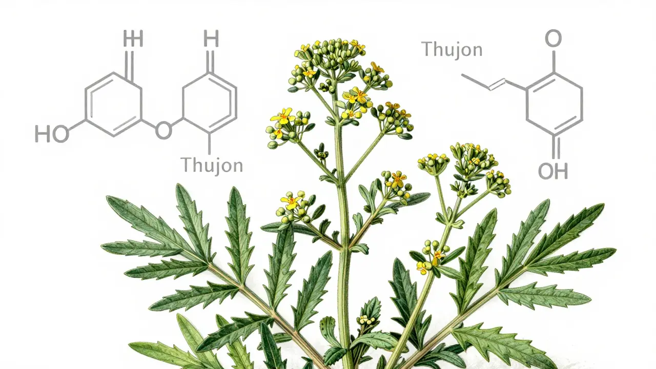 Detaillierte botanische Zeichnung von Wermutkraut und Thujon-Molekülstrukturen.