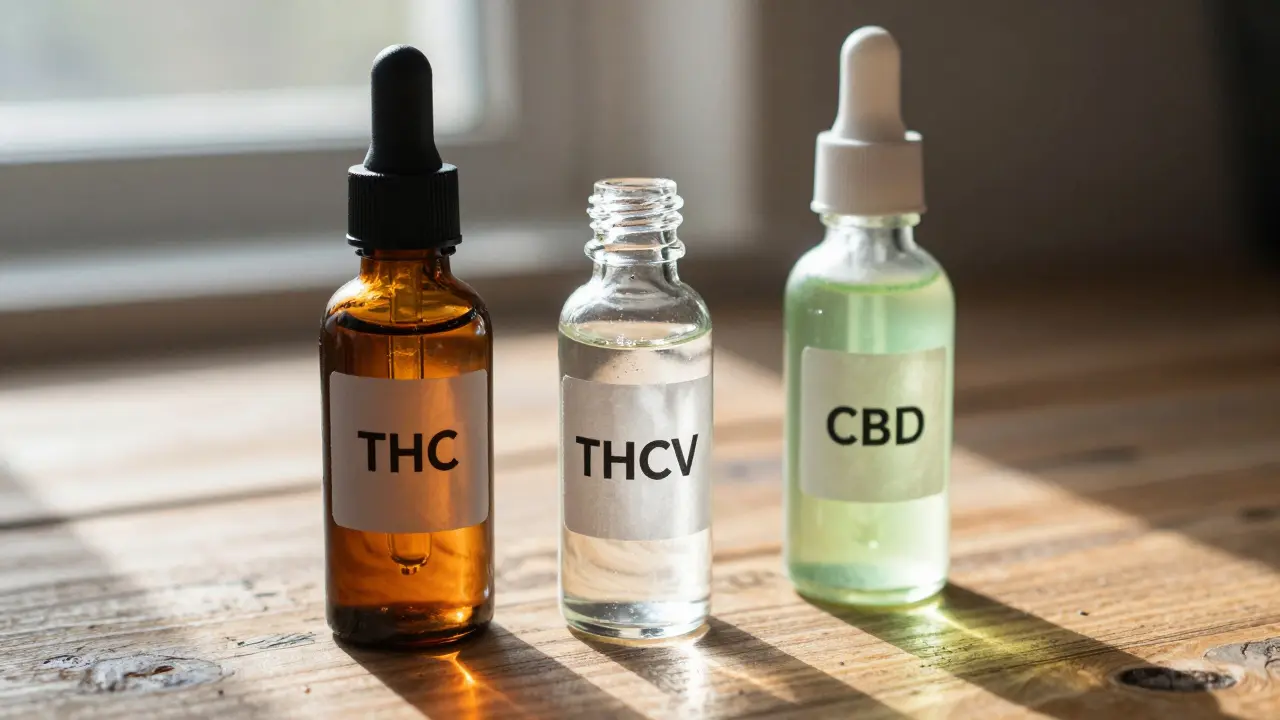 Drei Ölfiole für THC, THCV und CBD auf Holztisch