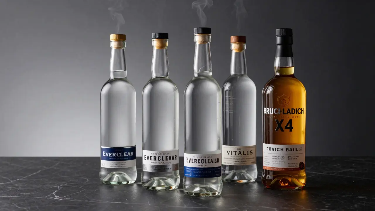 Flaschen mit hochprozentigem Alkohol und Whisky auf dunklem Tisch