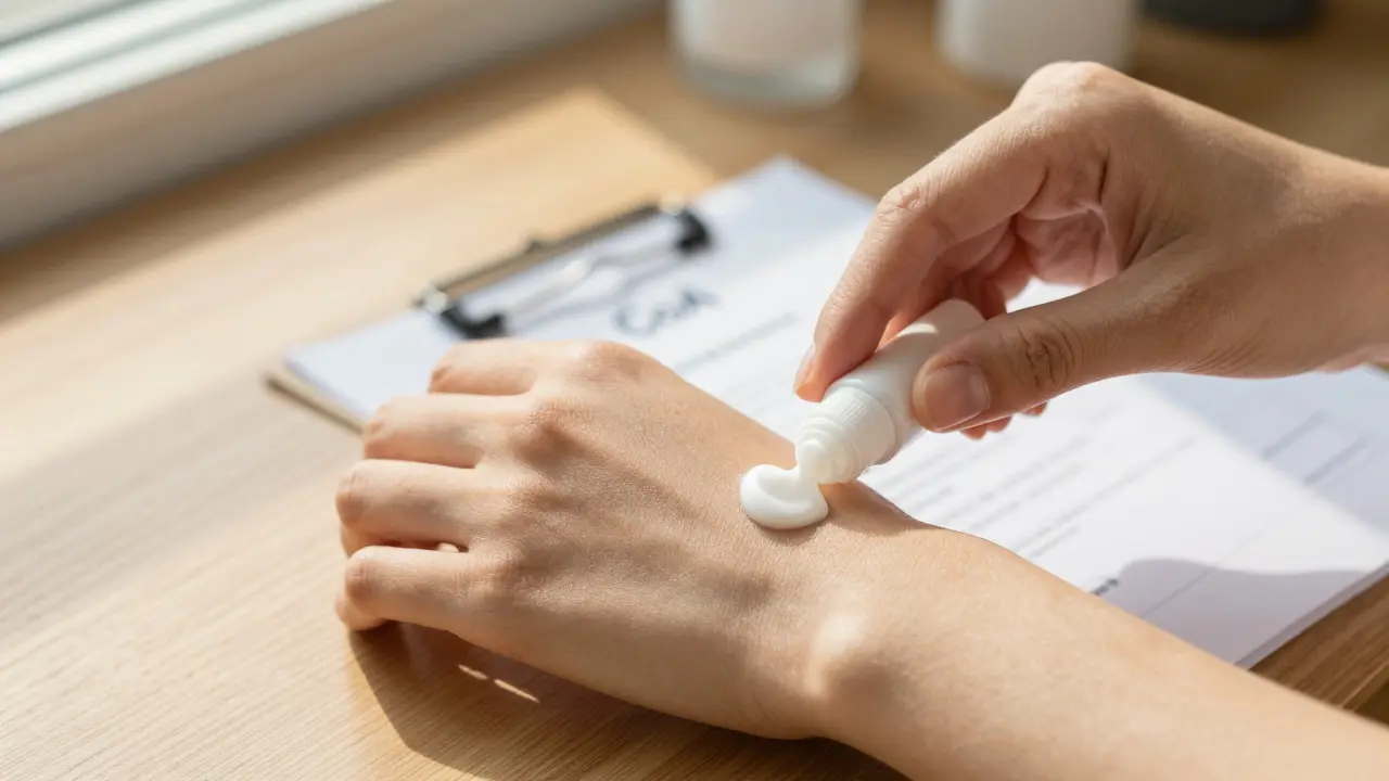 Hand trägt CBD-Creme auf, Laborzertifikat im Hintergrund