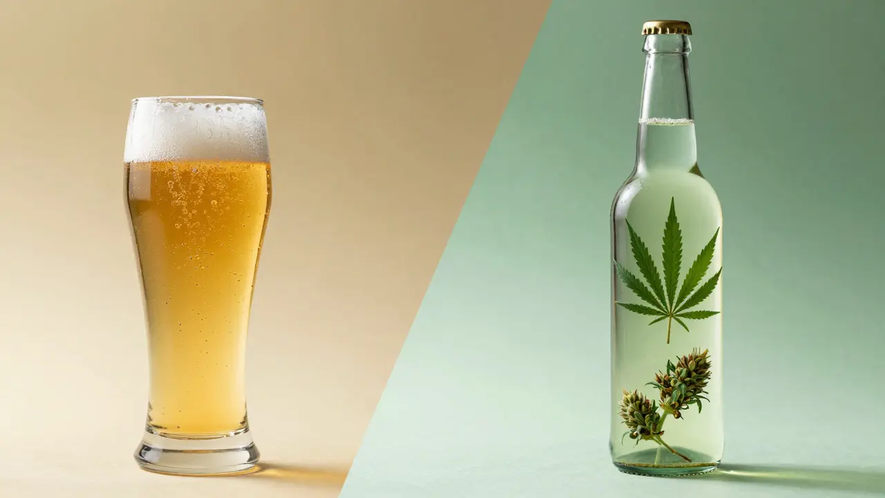Kontrastbild: Glas Bier links und Cannabis-Getränk mit Hanf rechts
