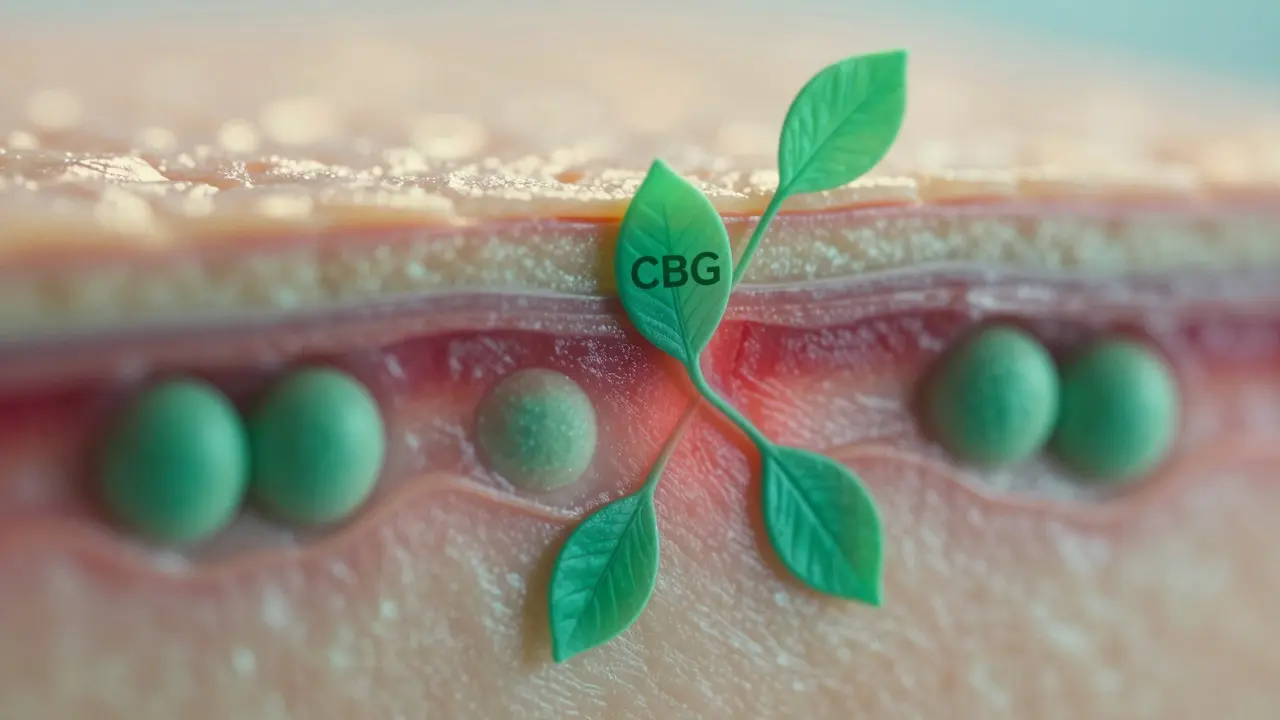 Makroaufnahme der Haut, wie CBG Entzündungen auf zellulärer Ebene lindert und beruhigt.