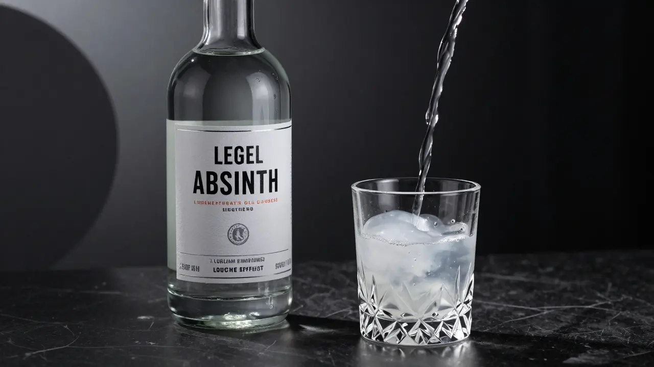 Moderne Flasche Absinth mit Louche-Effekt beim Eingießen von Wasser auf Marmor.