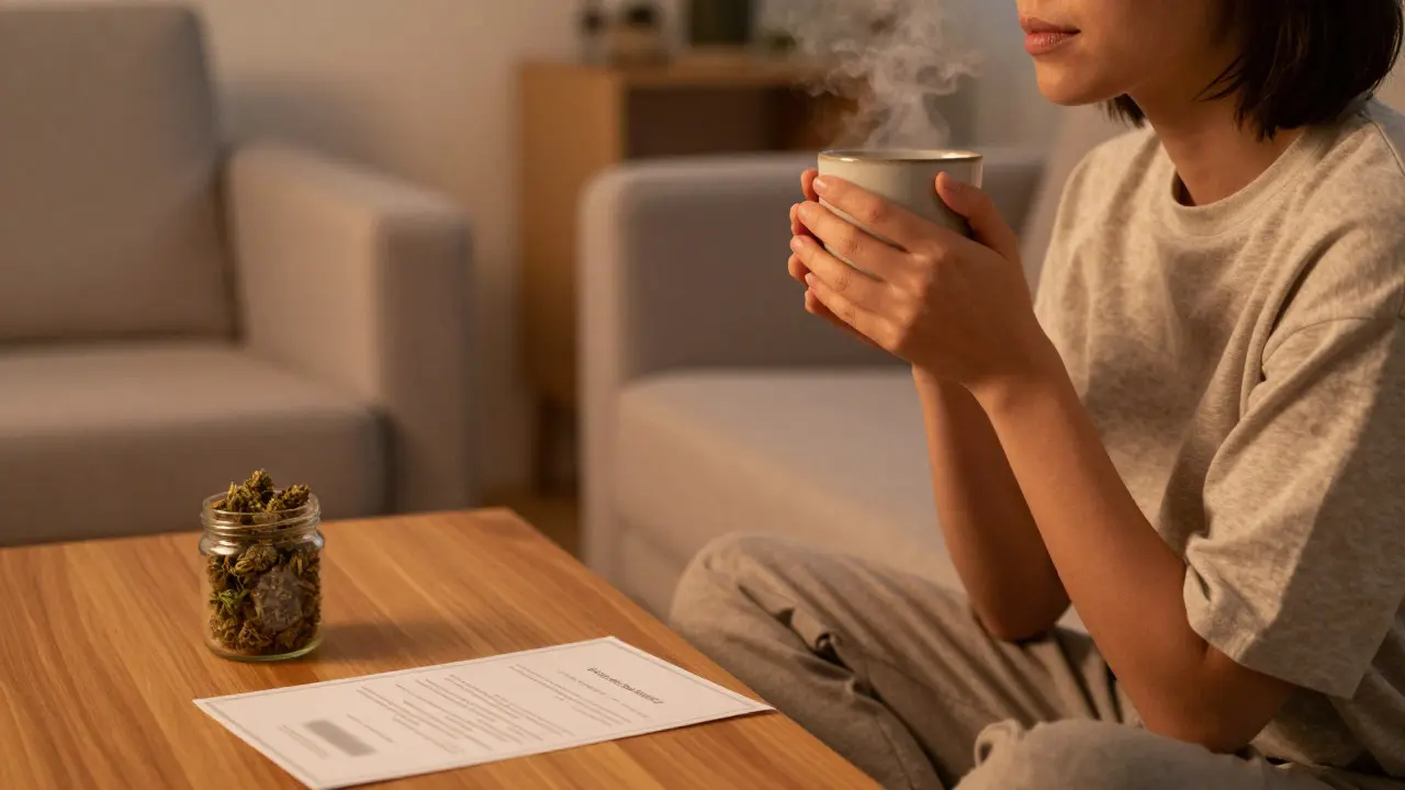 Person entspannt abends mit Hanfblüten und Zertifikat im modernen Wohnzimmer