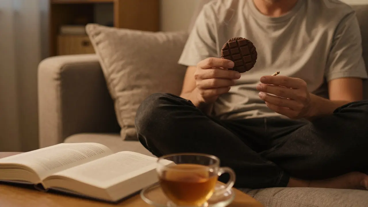 Person entspannt auf dem Sofa und genießt ein Cannabis-Edible, diskret und ohne Rauch.