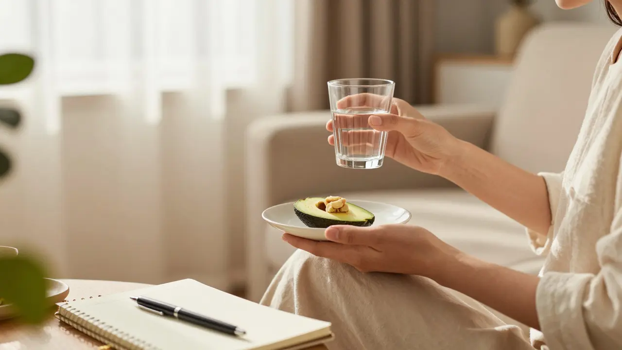 Person mit CBD-Edible und Notizbuch in entspannter Umgebung