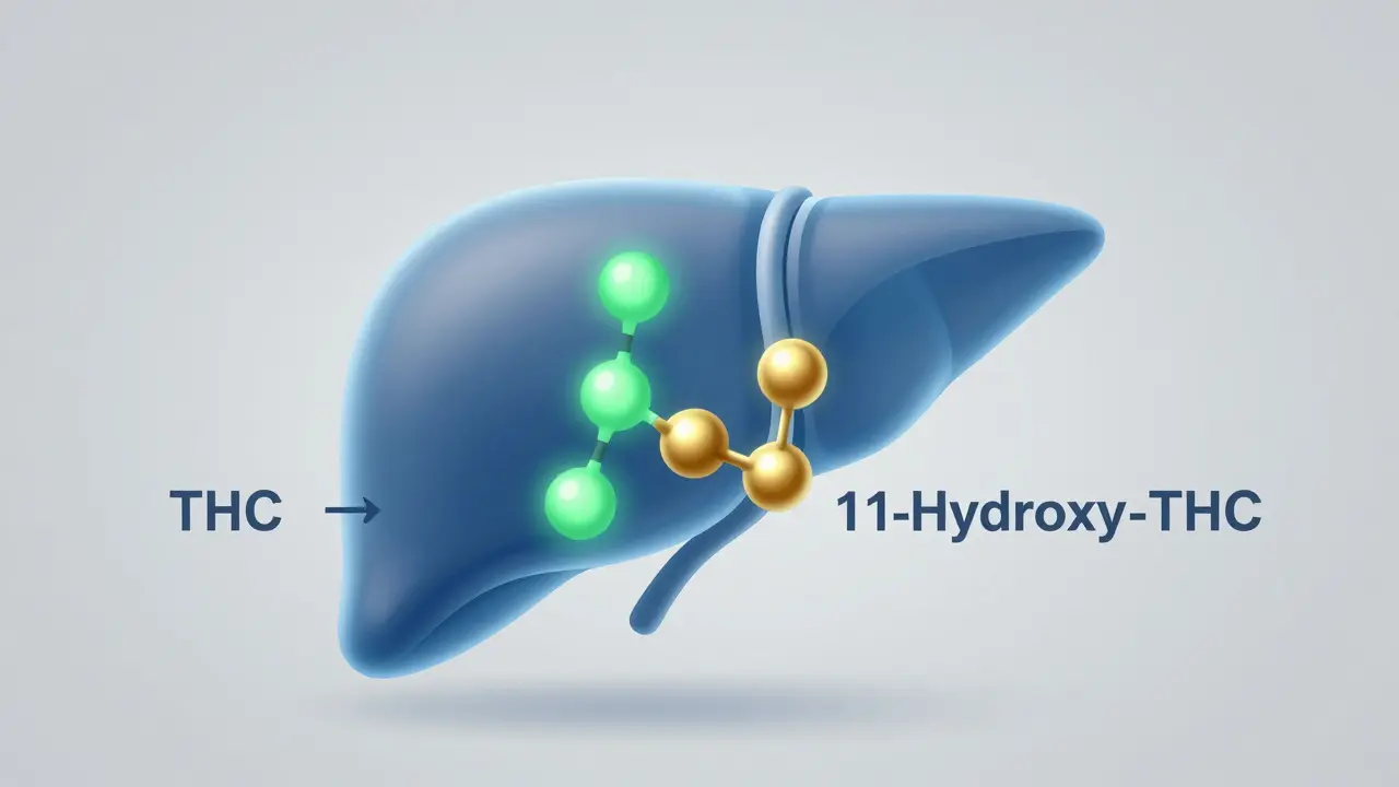 Stilisierte Illustration der Leber, die die Umwandlung von THC in 11-Hydroxy-THC zeigt.