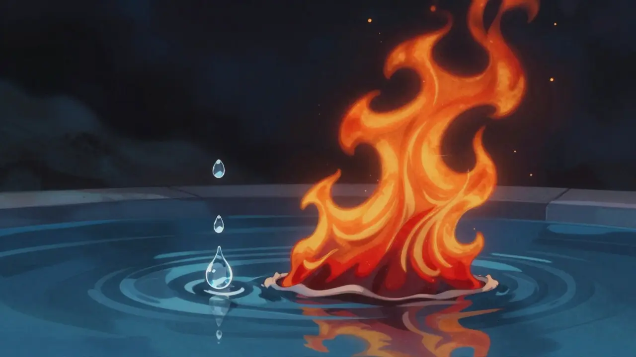 Symbolische Darstellung von flüssigem Feuer als Tropfen im Wasser