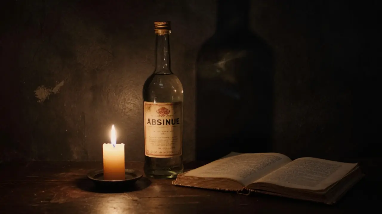 Vintage Absinthflasche bei Kerzenlicht mit altem Buch