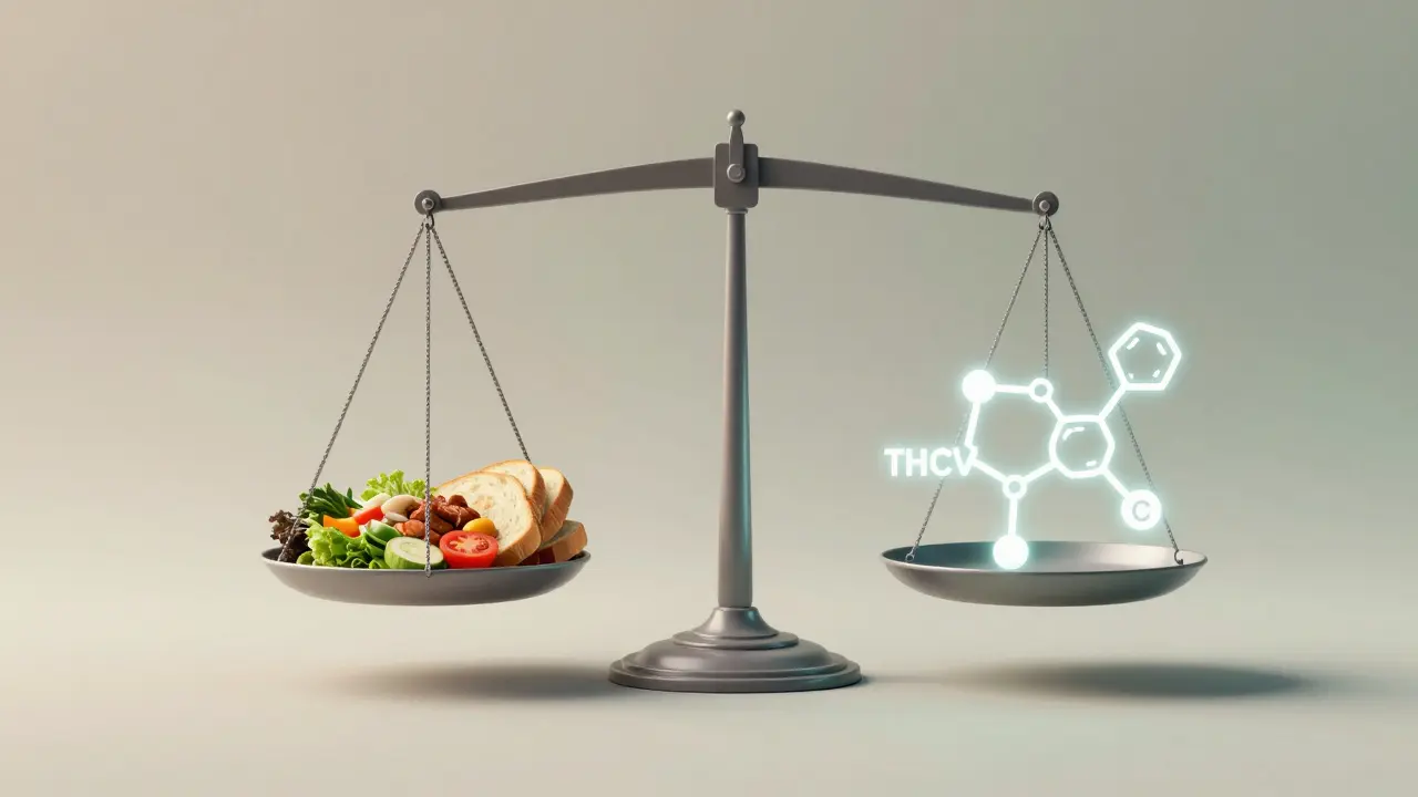 Waage mit Essen und THCV-Molekül für Stoffwechsel