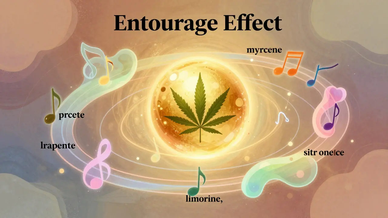Abstrakte Darstellung des Entourage-Effekts mit Cannabinoiden und Terpenen