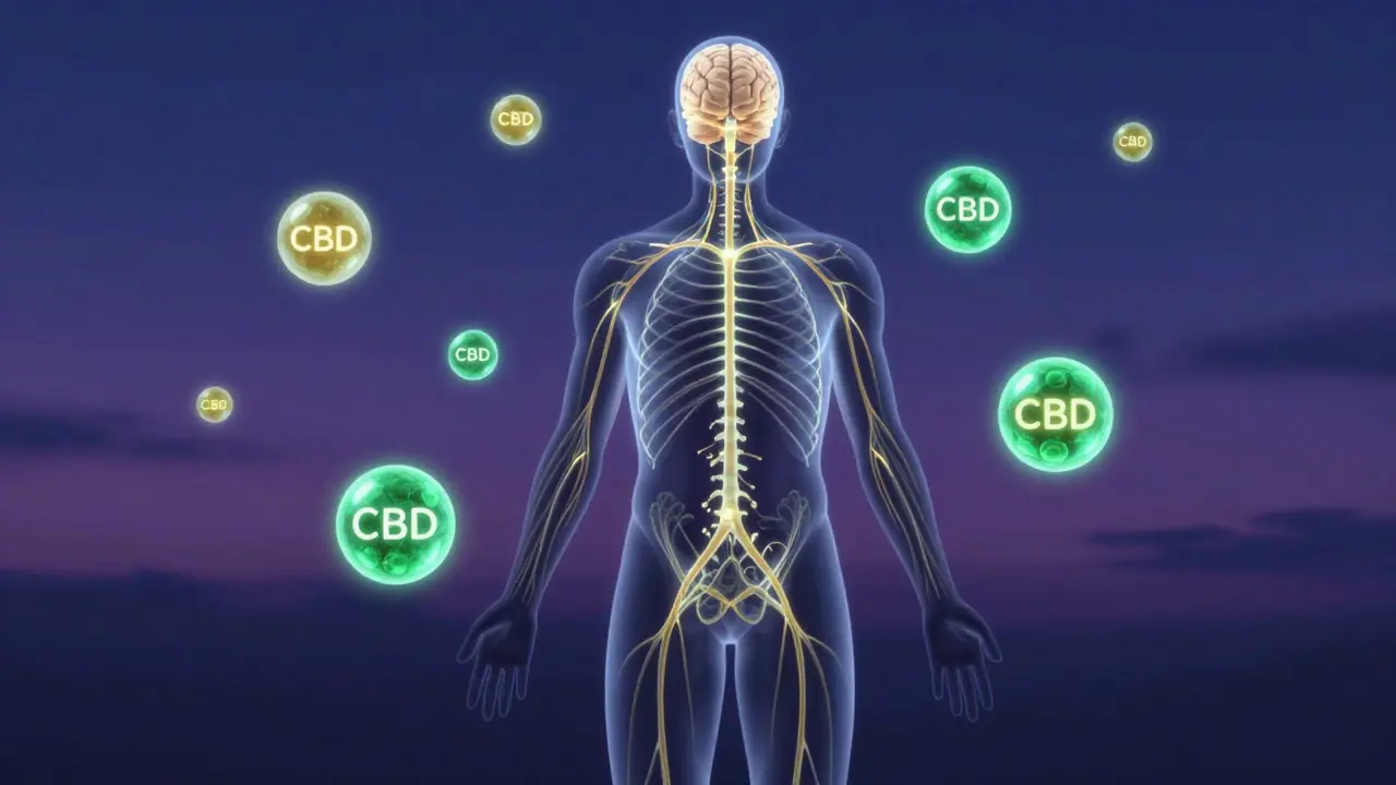 Abstrakte Darstellung von CBD-Molekülen, die mit dem menschlichen Endocannabinoid-System interagieren