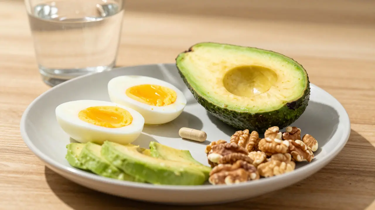 Frühstück mit Avocado und Eiern neben einer CBD-Kapsel für bessere Aufnahme