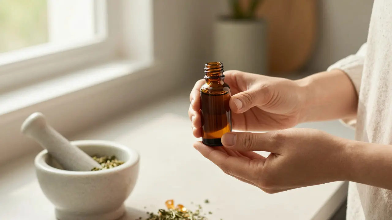 Hände halten CBD-Ölflasche neben Mörser mit Kristallen