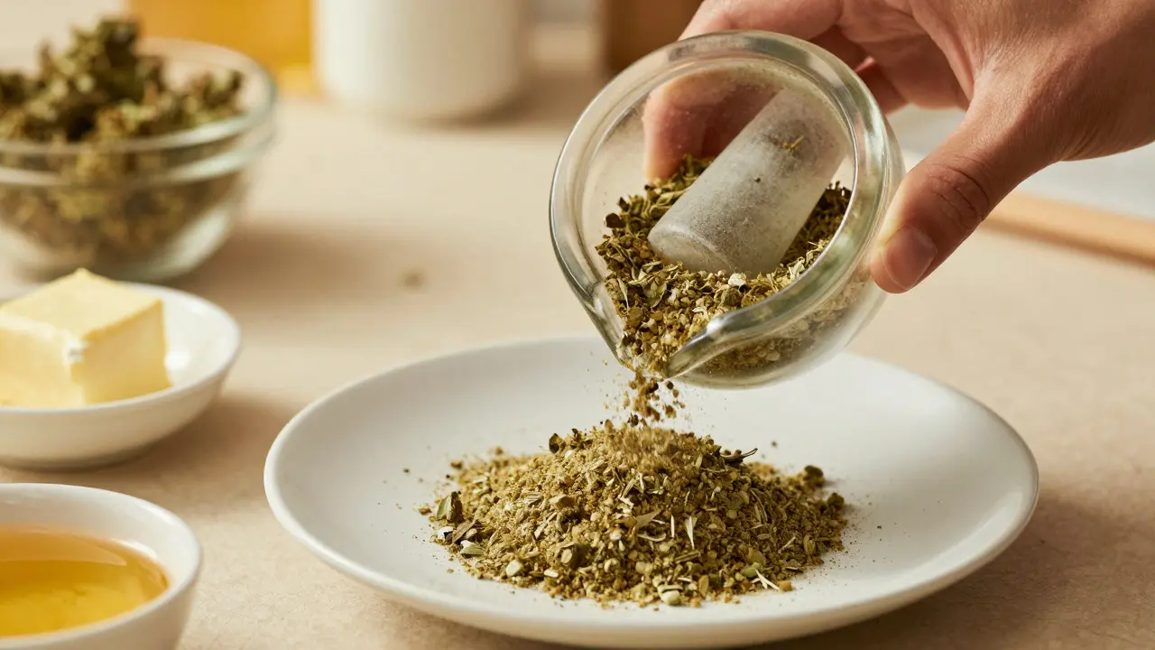 Hände zerkleinern Cannabis in einem Glas-Mörser für die Zubereitung von Speisen